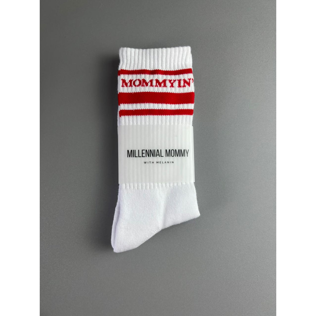 Mommyin Crew Socks- White and Red