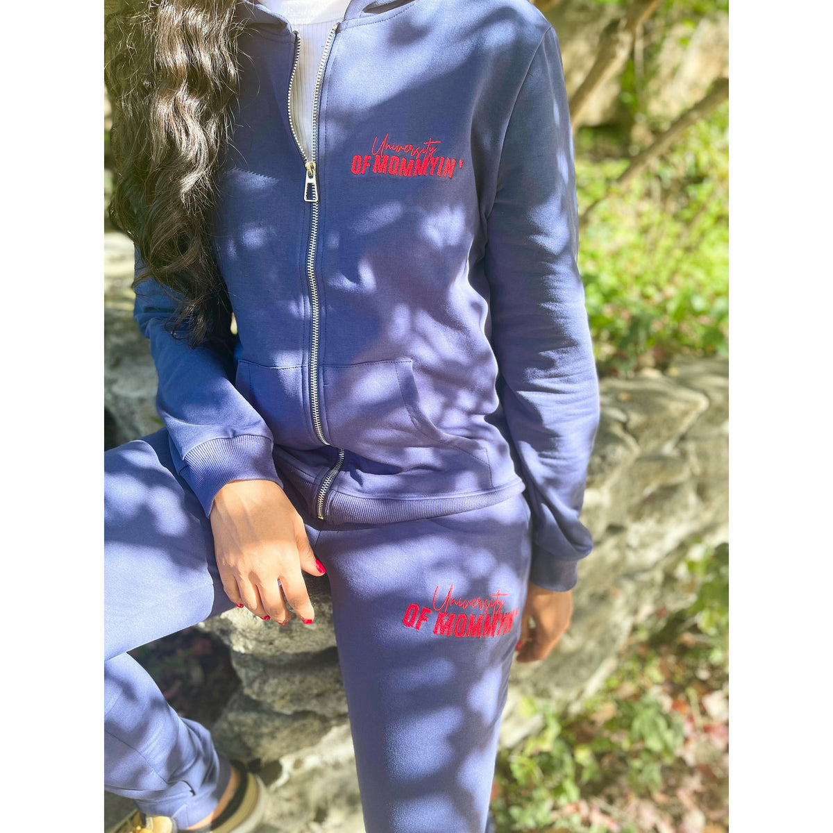 University of Mommyin Zip Up Sweatsuit - Navy and Red